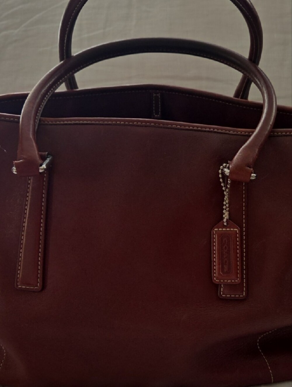 Coach Burgundy Leather Tote with Double Handles and Logo Tag